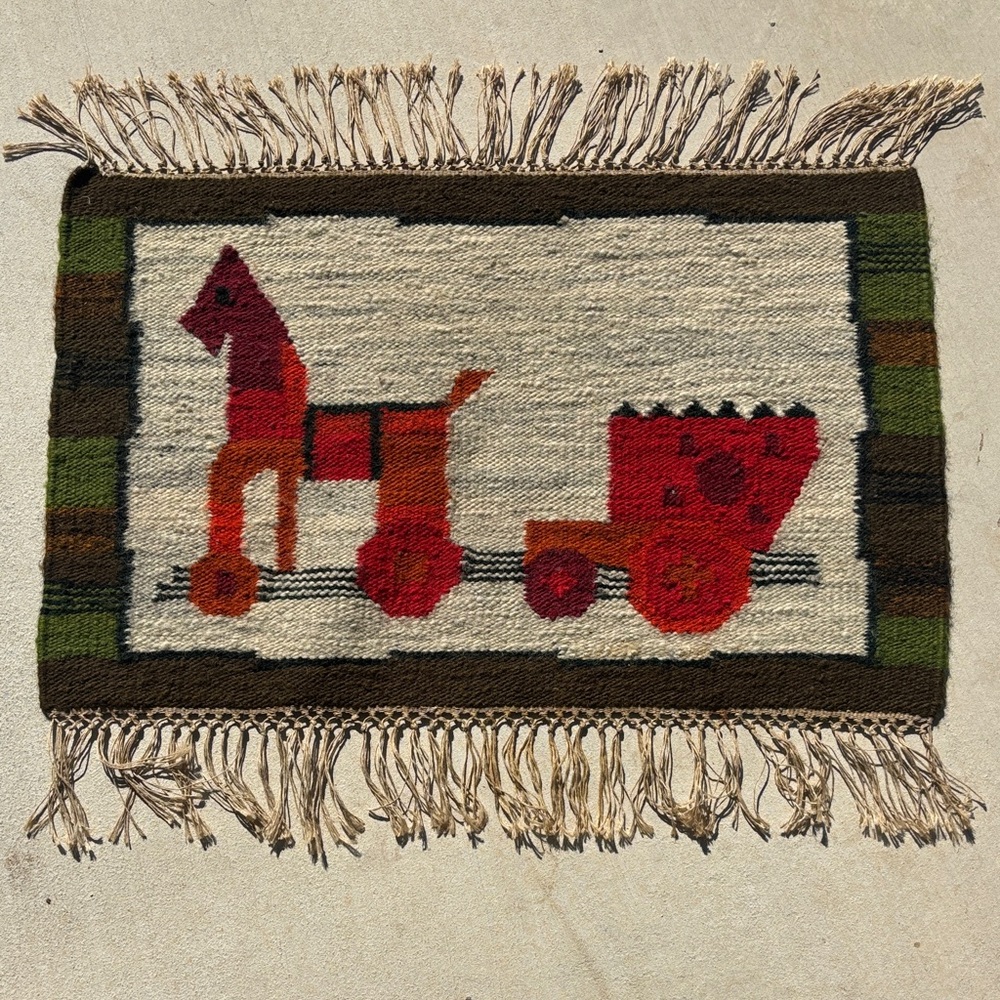 Vintage Polish Handcrafted Wool Kilim Red, Orange and Black Horse Tapestry